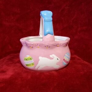 NWT Ceramic Easter Basket With Handle Candy Dish Pink White Bunny 6"
